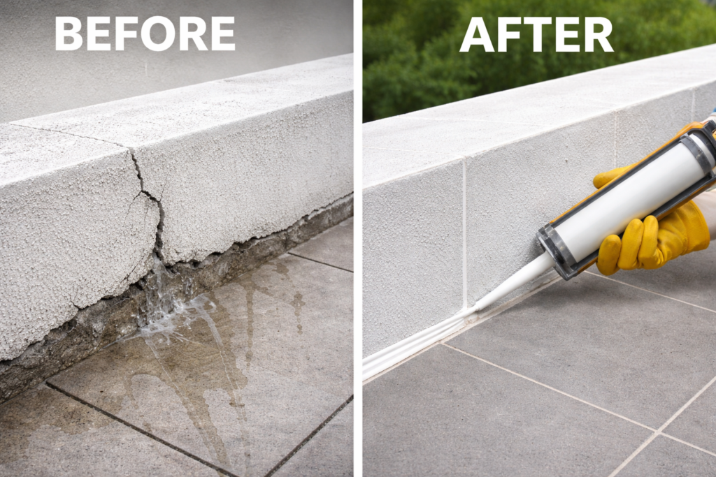 Parapet wall crack sealing before and after waterproofing