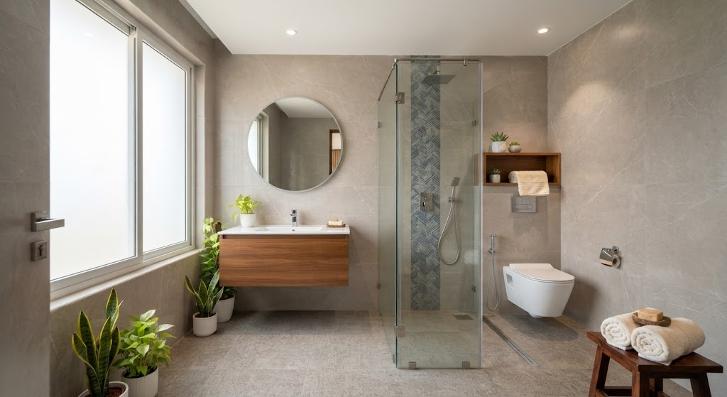 Completed bathroom waterproofing with tiling
